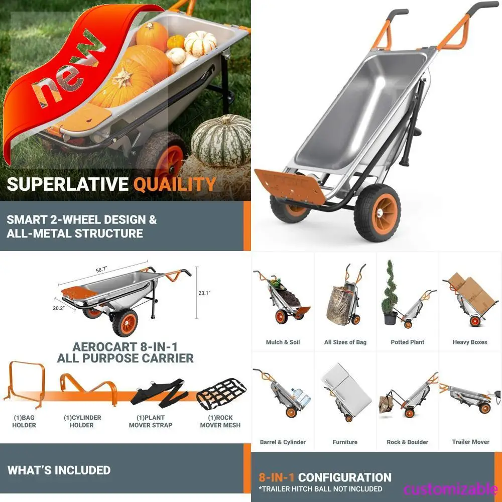2025new-Worx WG050 Aerocart: carro de jardín resistente 8 en 1 y carretilla Dolly