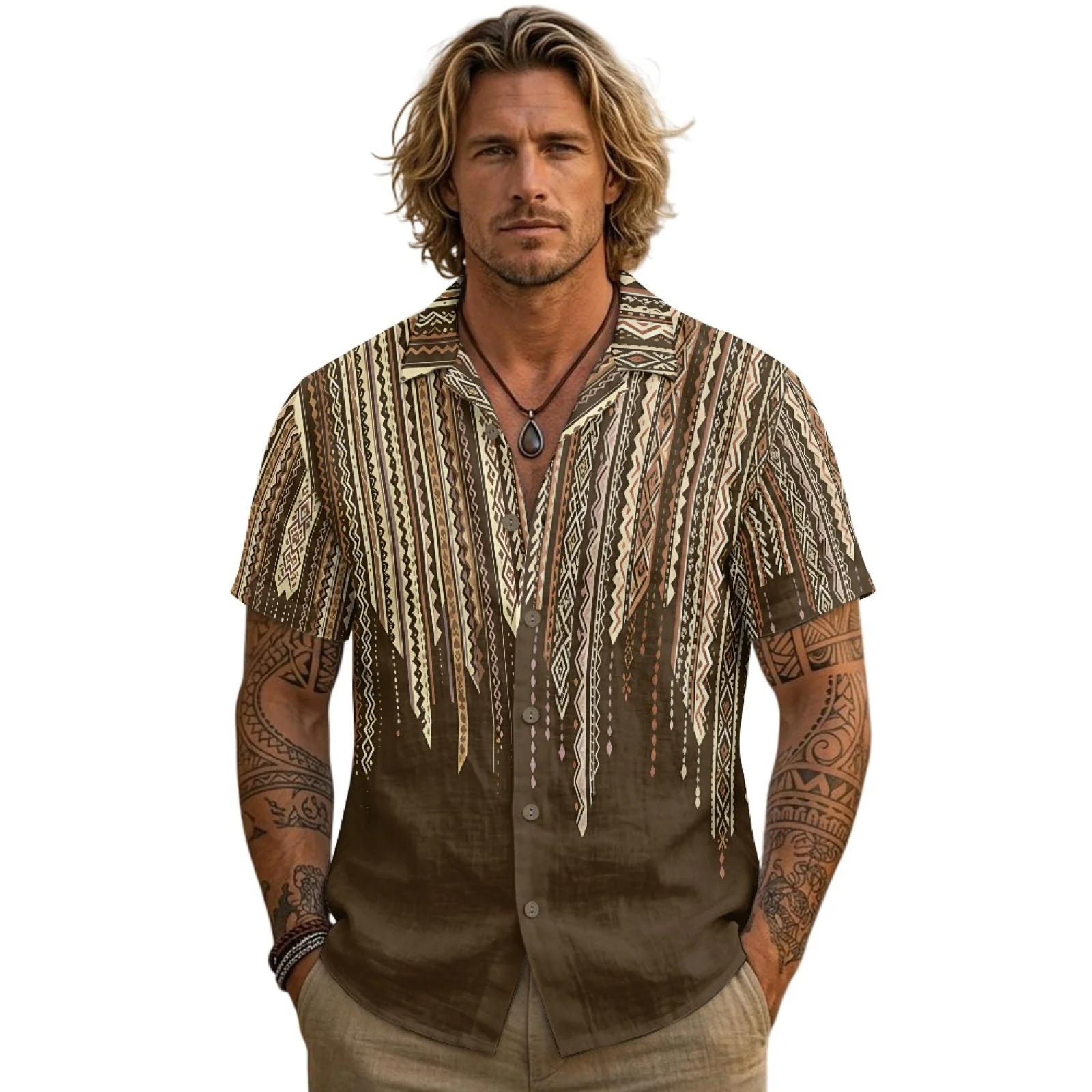 PENSTROLL Brown Geometric Print Single Breasted Men's Short-Sleeved Shirts for Vacation Linen Like Men's Top S-3XL