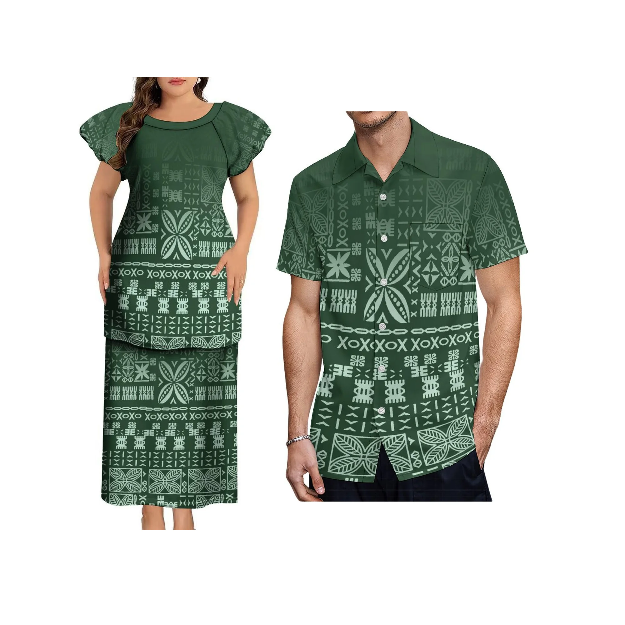 New Polynesian Print Design Puletasi Samoan  Dress Customized Women O Neck Puff Sleeve Casual Dress 2 Pcs