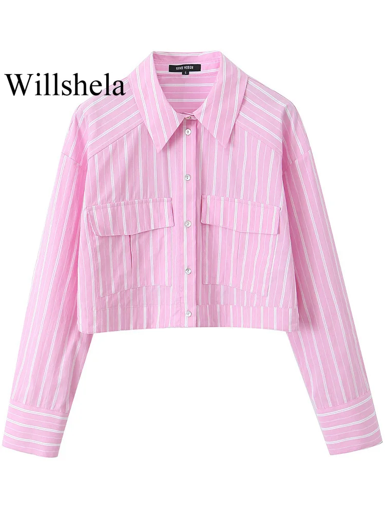 Willshela Women Fashion With Pockets Striped Single Breasted Blouse Vintage Lapel Neck Long Sleeves Female Chic Lady Shirts