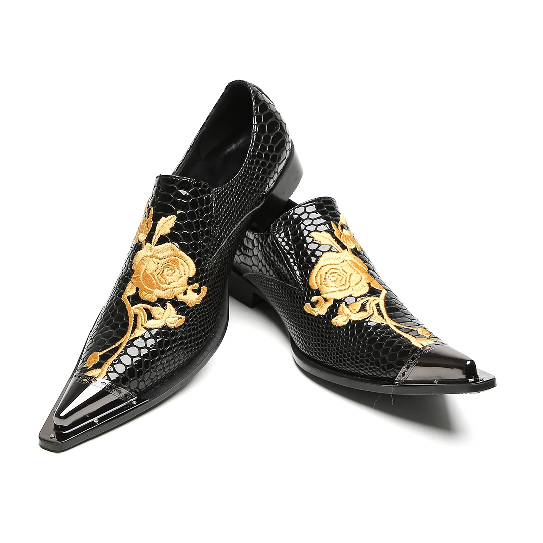 Schwarze Herren-Kleiderschuhe aus Leder mit goldener Blumenstickerei | Schlange – Hautstruktur und spitzes Zehen-Design – Detail 5