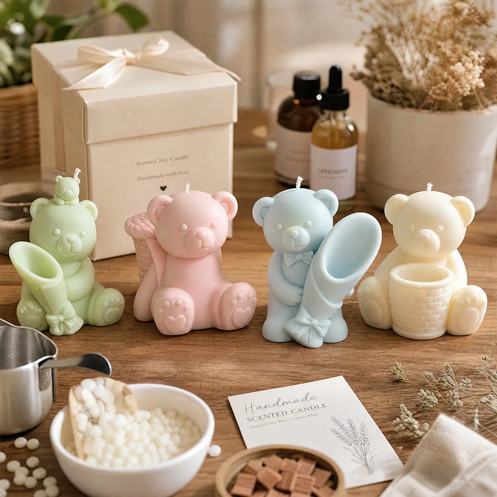 3D Flower Hugging Bear Candle Silicone Mold DIY Animals Bear Flower Vase Gypsum Plaster Candle Mold For Resin Making view 2