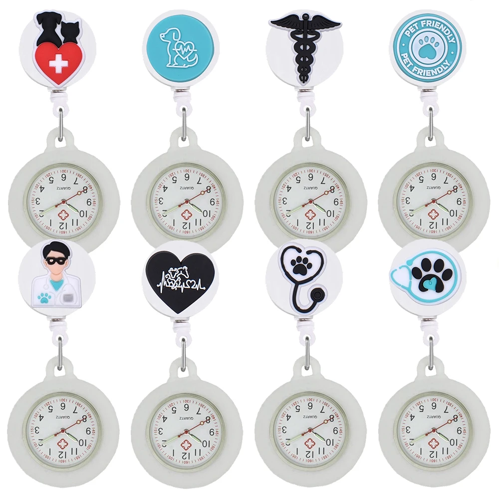 YIJIA Cartoon Pet Hospital Nurse Doctor Retractable Badge Reel Pocket Watches with Silicone Case for Animal Veterinarian