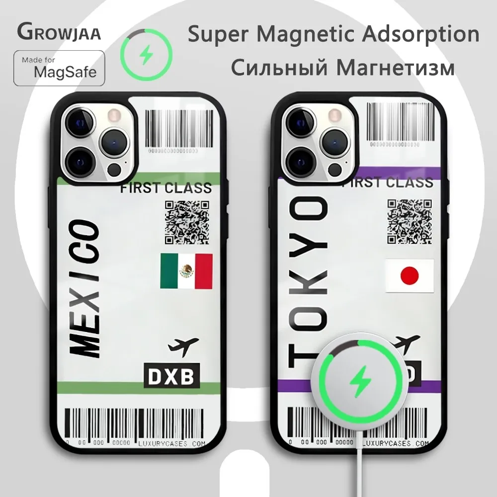 Plane Travel Ticket Mexico Tokyo Phone Case For iPhone 16 15 14 13 12 11 Pro Max Plus Mini New Magsafe Mirror Wireless Magnetic