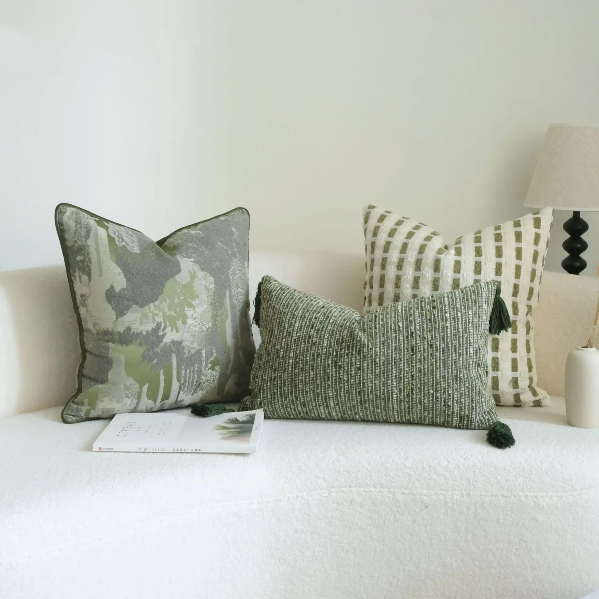 Green Cotton and Linen Tassel Cushion Cover Striped Plant Jacquard Yarn Dyed Pillow Cover Modern Home Decor Sofa Pillow Case