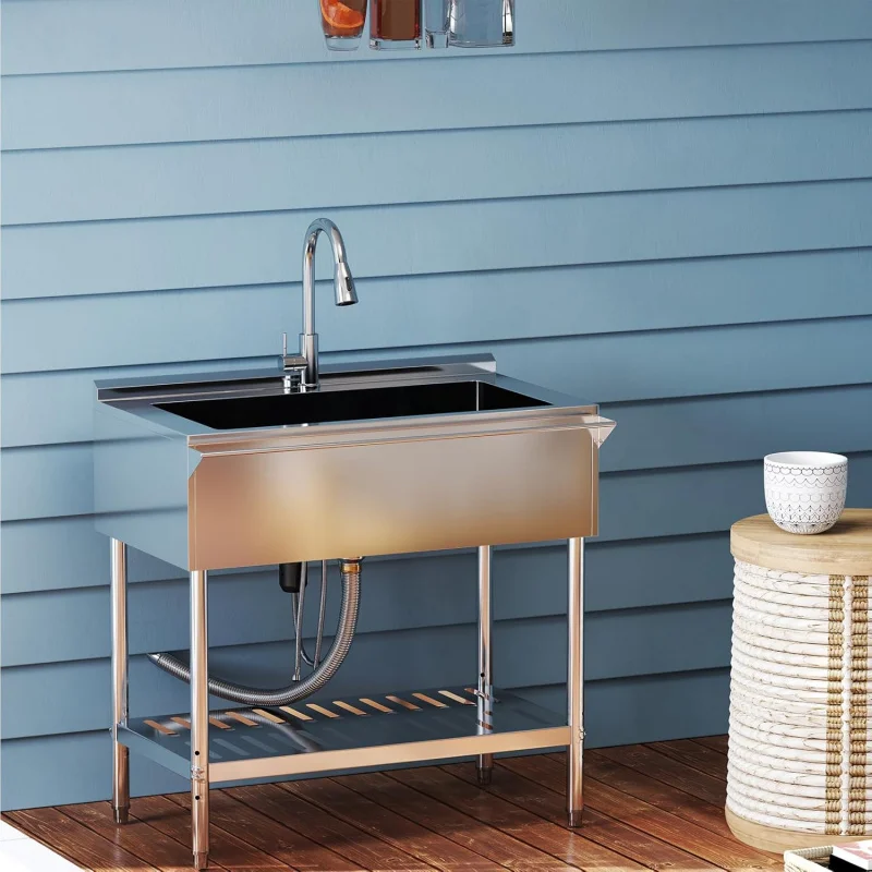 

(UUX) Утилита из нержавеющей стали 304, отдельно стоящая коммерческая одинарная чаша 36 дюймов с выдвижным краном и трубой для холодной и горячей воды UZ