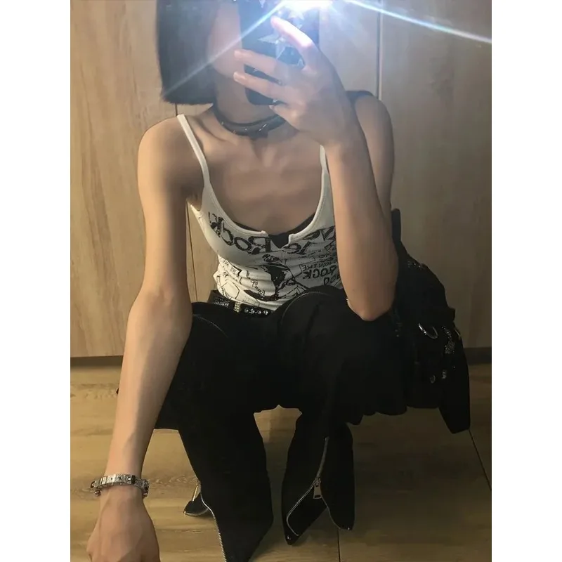 Y2K E-Girl Punk Print Sleeveless Ribbed Knit Tank Top For Women 2000s Crop Top Summer Fairy Grunge 90s Hippie Tee Korea Fashion