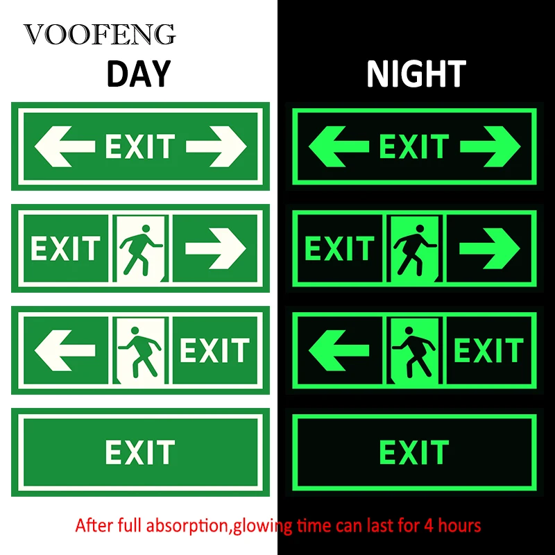 VOOFENG-Glow in the Dark Sign Sticker, Escape Sign, Fotoluminescente, Pathmarking, Decoração de Parede, 4 horas, 29x10cm, 5 pcs