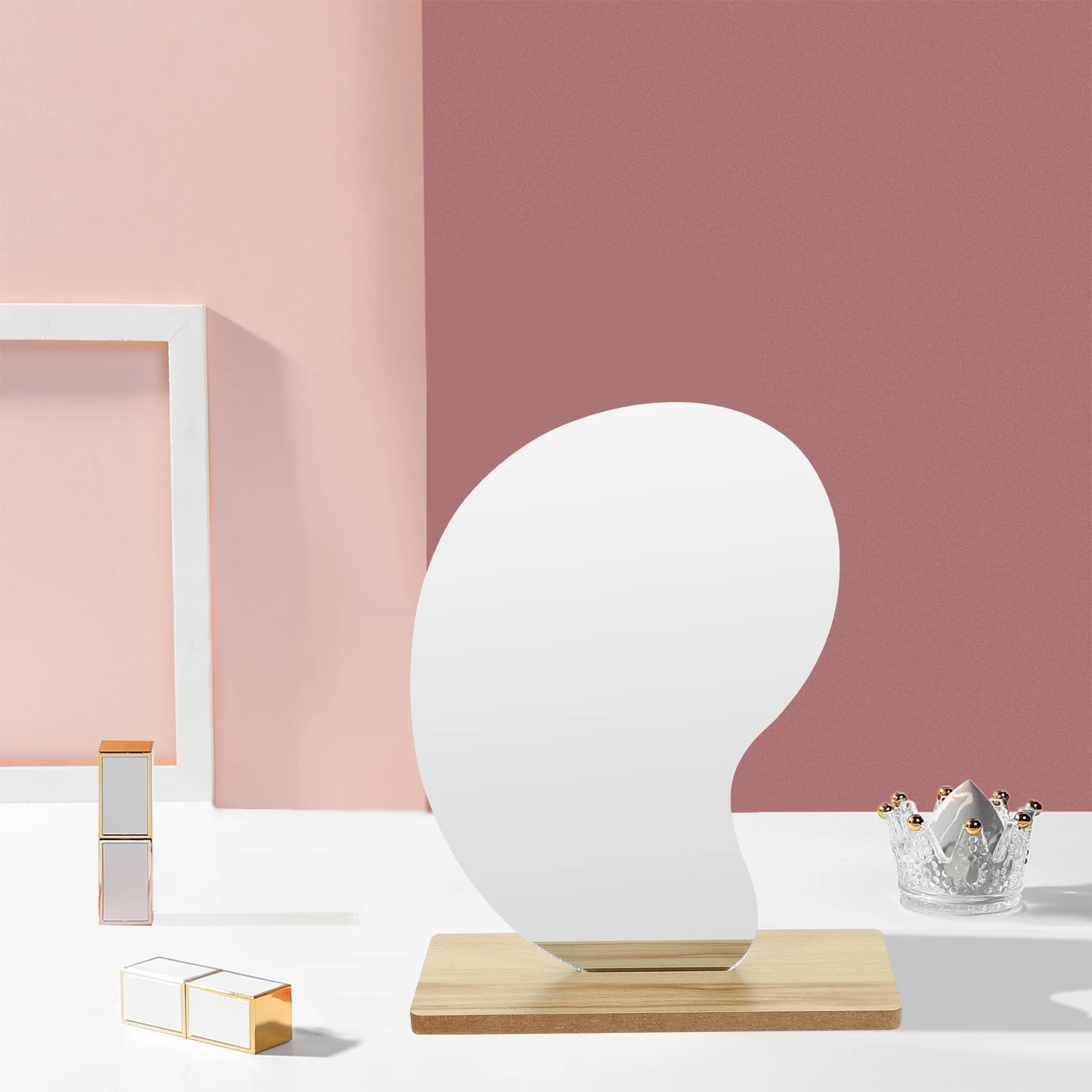 

Foldable Makeup With Wooden Base Desktop Mirror For Home Bedroom Bathroom Irregular Acrylic Portable Vanity Tabletop