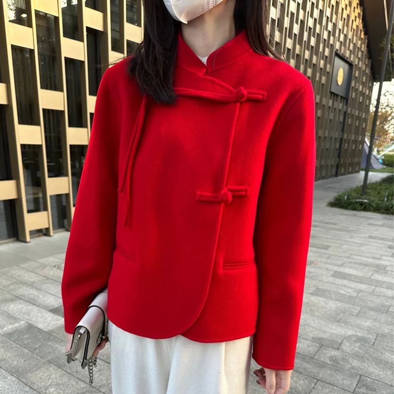 

New Chinese style double-sided cashmere short coat with artistic Chinese style coil buckle, small figure double-sided woolen