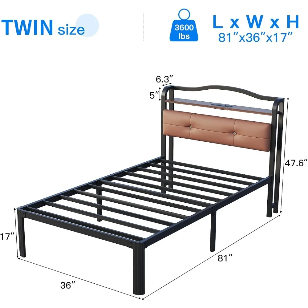 Estruturas de cama de solteiro, estrutura de cama de solteiro com cabeceira e estação de carregamento, estruturas de cama de solteiro de metal para crianças, bebês, meninos, meninas, adultos