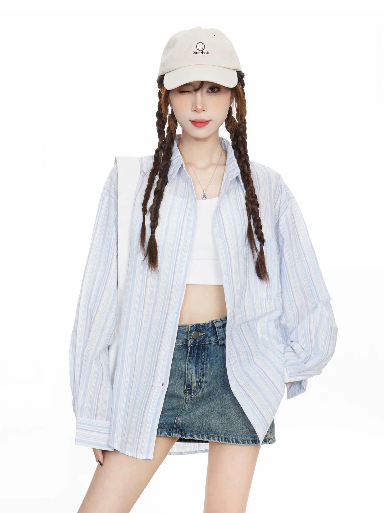 

Свободная повседневная женская рубашка с длинным рукавом для защиты от солнца, летняя коллекция 2026, новая, синяя в полоску, тонкая верхняя одежда, удобная, дышащая, из хлопка.