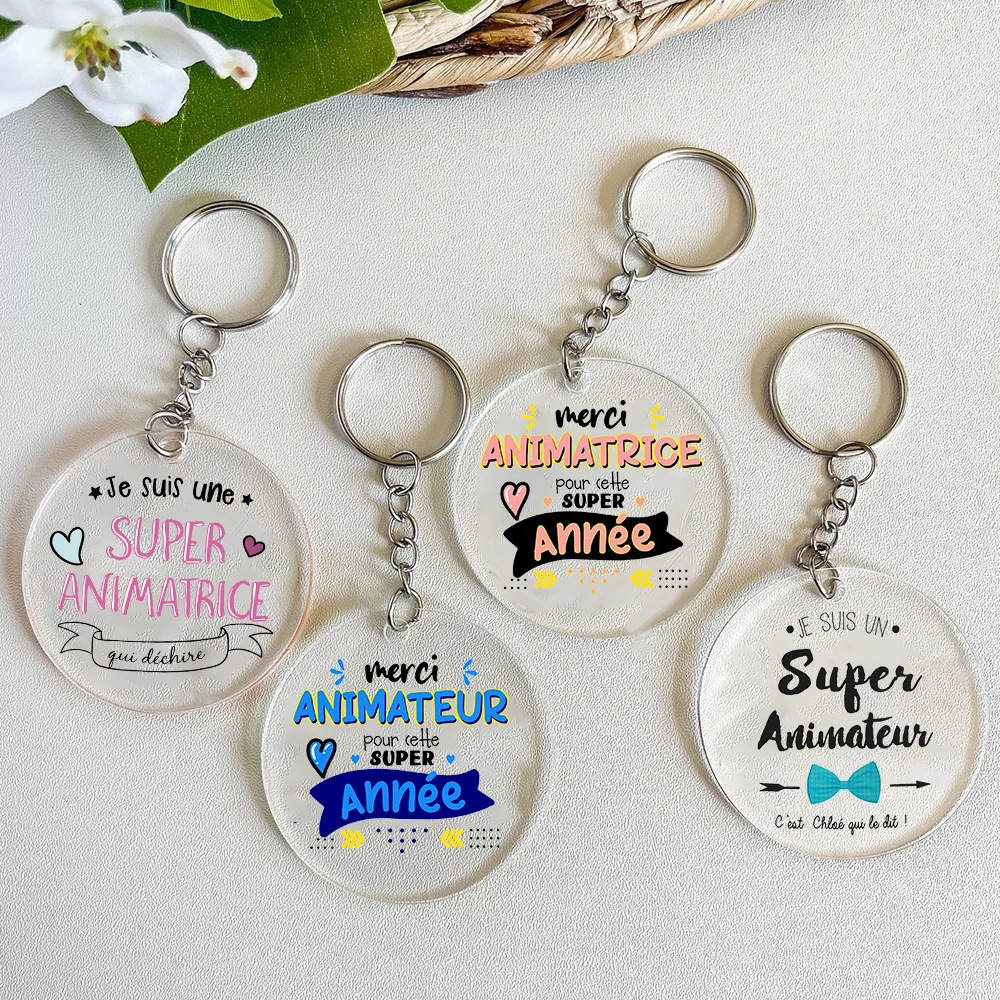 Merci Animatrice & Animateur French Printed Key Chains Keychain Transparent Circle Acrylic Keyring Best Graduation Thank Gift