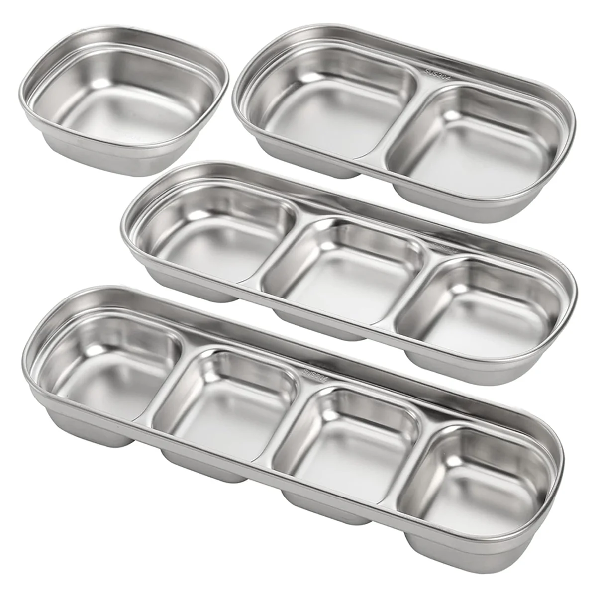 4 Pcs Stainless Steel Sauce Dish, Divided Seasoning Soy Sauce Dipping Plate, Ketchup Dipping Bowls,Silver