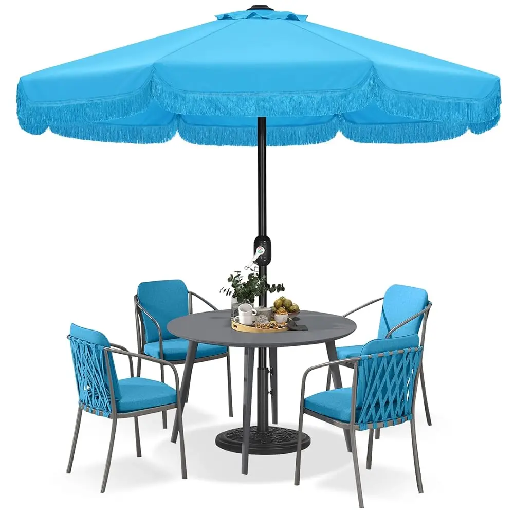 

9Ft Patio Umbrella With Fringe Outdoor Tassel Umbrella For Holiday Garden Lawn Pool Yard Table (Lake Blue)