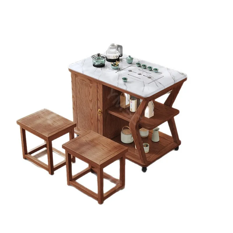 Ash wood solid wood movable tea table household balcony small tea table kettle integrated new Chinese tea table side cabinet