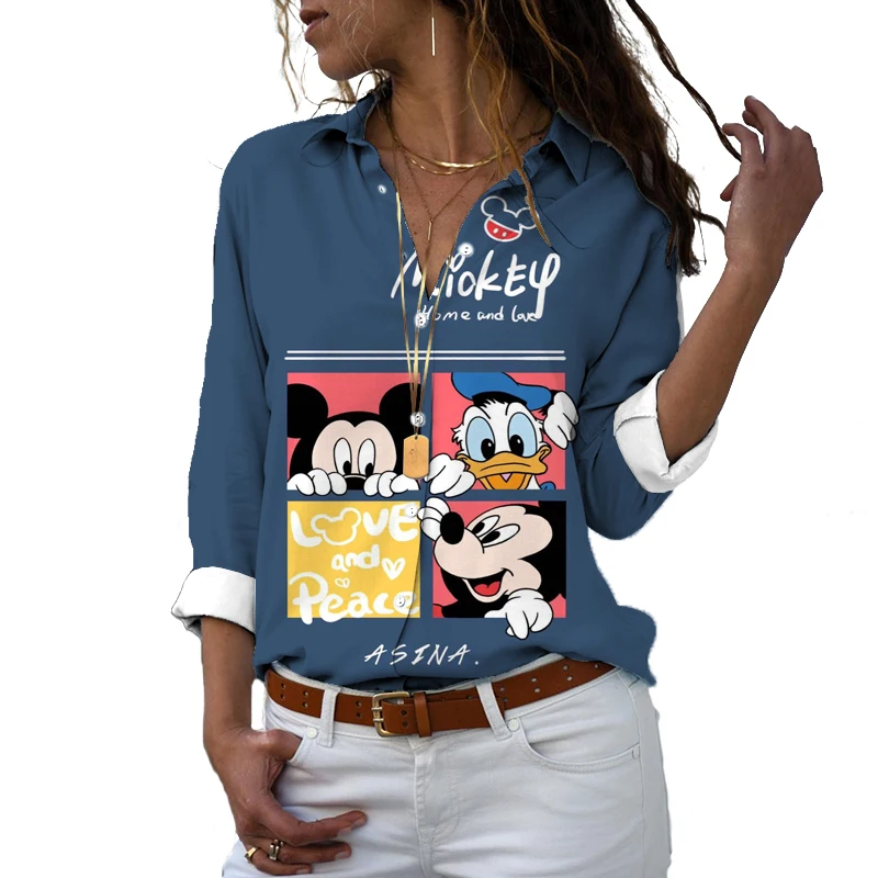 2024 autunno nuovo Harajuku Slim Fit 3D stampato manica lunga donna monopetto bavero Mickey Minnie Casual carino camicia y2k