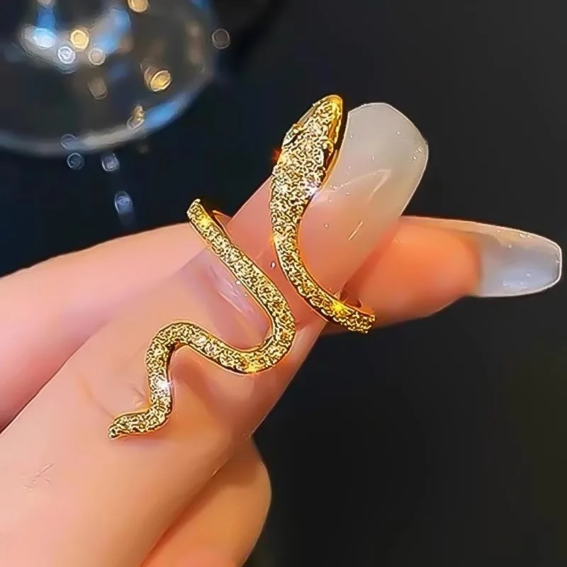 Full Paved Rhinestone Snake Shape Open Ring Gold Tone Cubic Zirconia Wrap Snake Finger Ring Adjustable Cool Style Jewelry For Women Daily Party