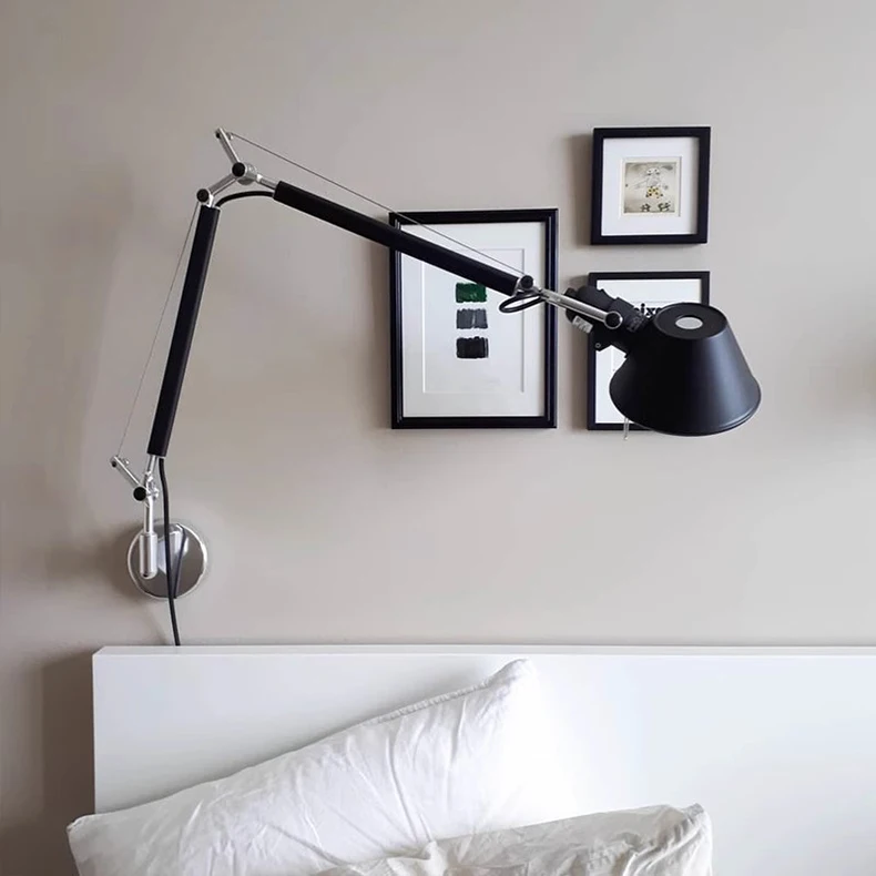 Long Arm Wall Lamp Silver Black Metal E27 Bulb Switch