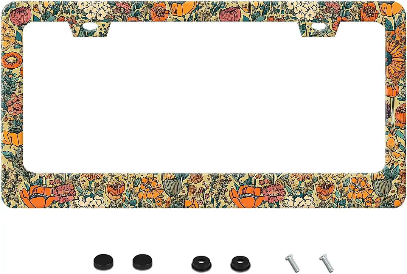 

Stainless Steel Floral License Plate Frame Vintage Flower Auto Parts Decoration with Screws for Men Women 12x6 Inch