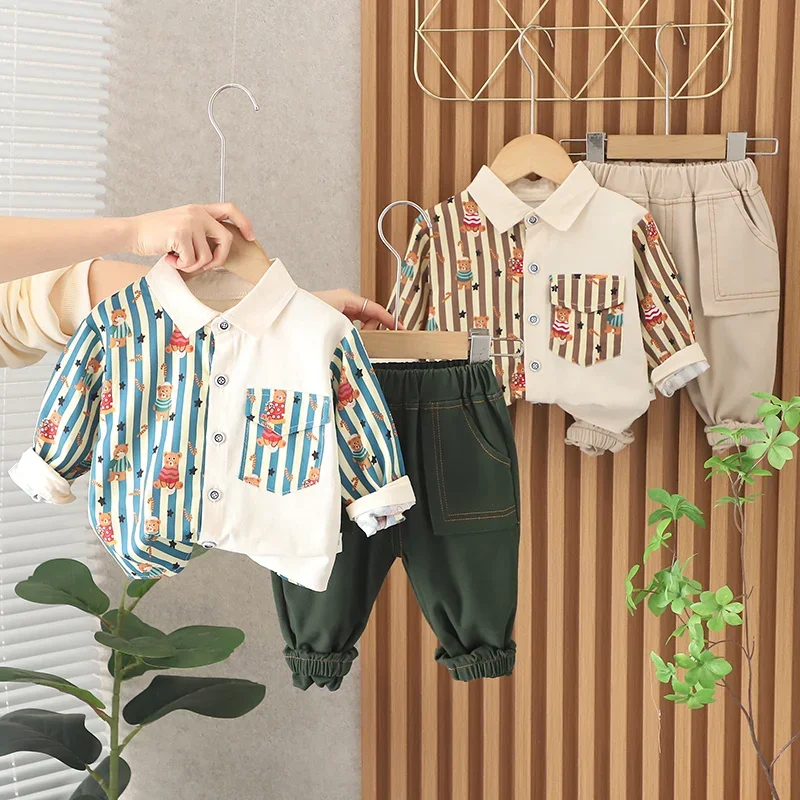 Conjunto de ropa deportiva de algodón para niños, traje informal con tiras impresas completas, camisa y pantalones para niños de 1, 2, 3, 4 y 5