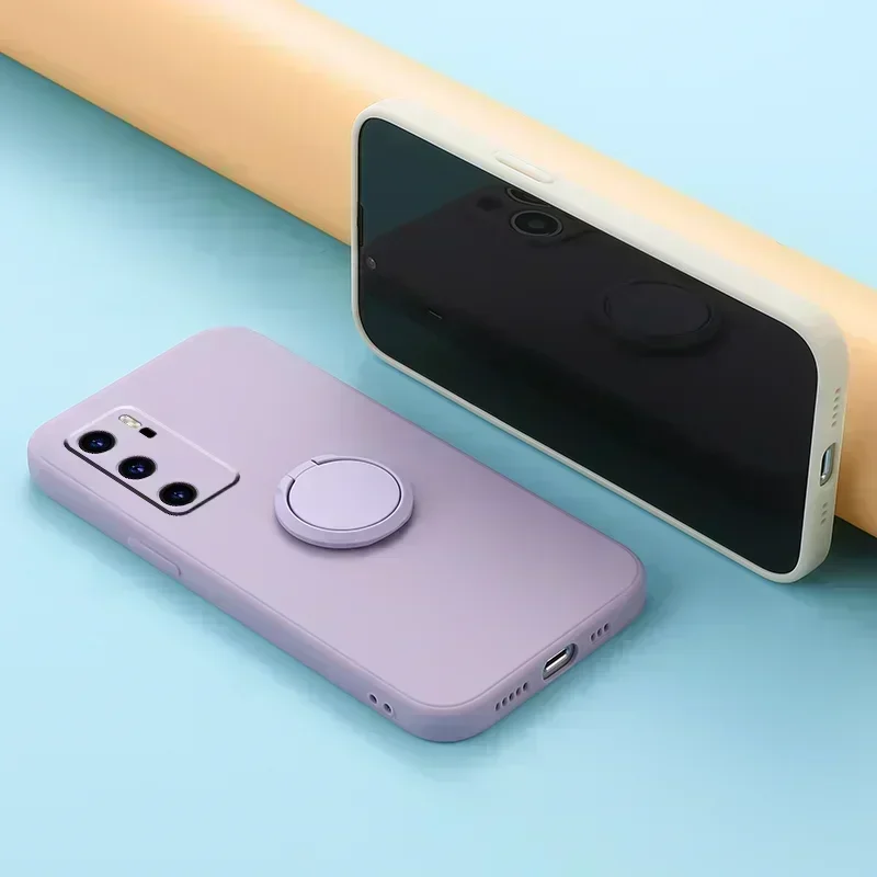 360 Finger Ring Square Silicone Case For Huawei P50 P40 P30 P20 Lite Pro Coque Phone bracket Cover