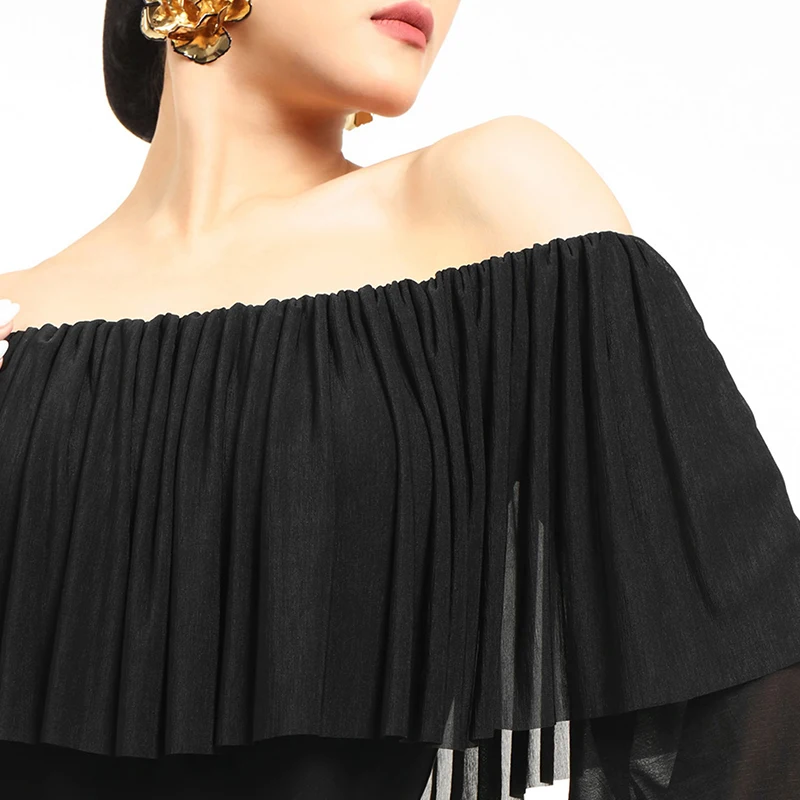 قارب الرقبة اللاتينية الرقص القمم النساء قاعة الرقص الملابس الفالس رومبا أداء الرقص الملابس السوداء اللاتينية ملابس رقص الجمباز BL16827