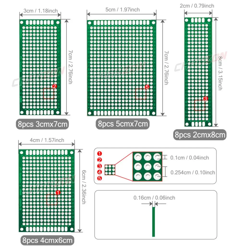 20 Pcs ( 2X8 3X7 4X6 5X7 ) Double Sided Printed Universal Circuit PCB Board Tinned FR4 Protoboard Prototype Perfboard Kit Set