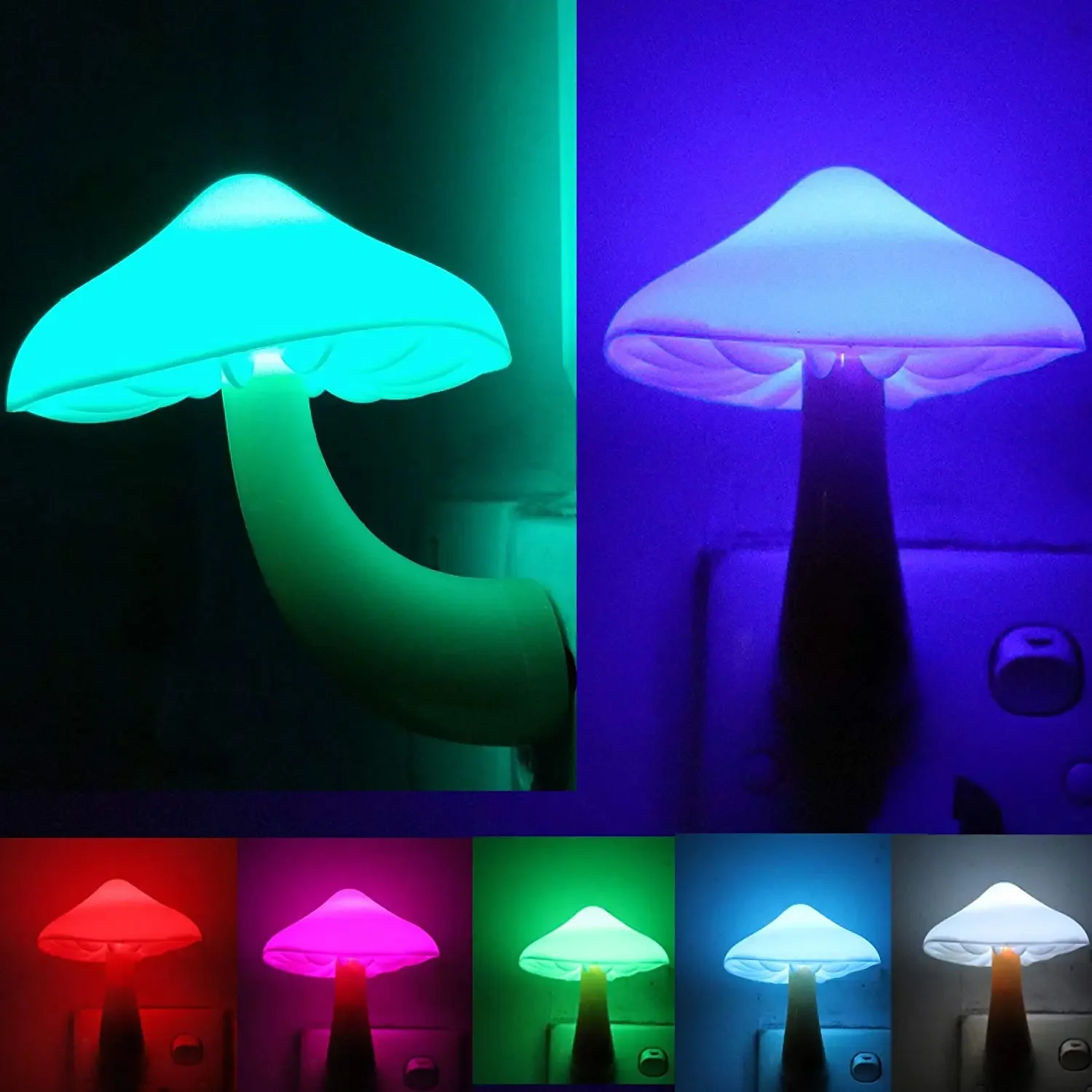 EU US Plug LED Night Light Lamp Mushroom Wall Socket Lights Light-control Sensor Bedroom Light Home Decoration Blue Green Yellow