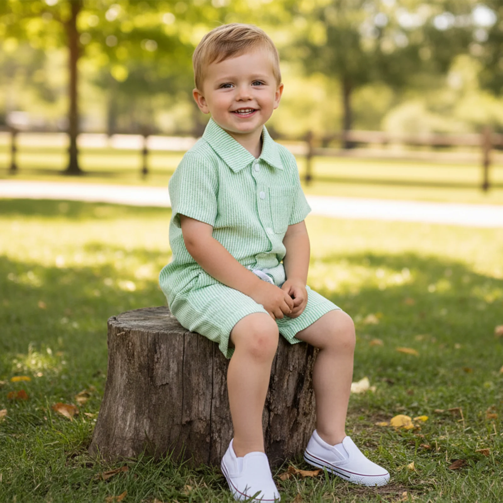 

Летняя одежда из 2 предметов для маленьких мальчиков, однобортная рубашка в полоску с короткими рукавами и отложным воротником и шорты с эластичной резинкой на талии