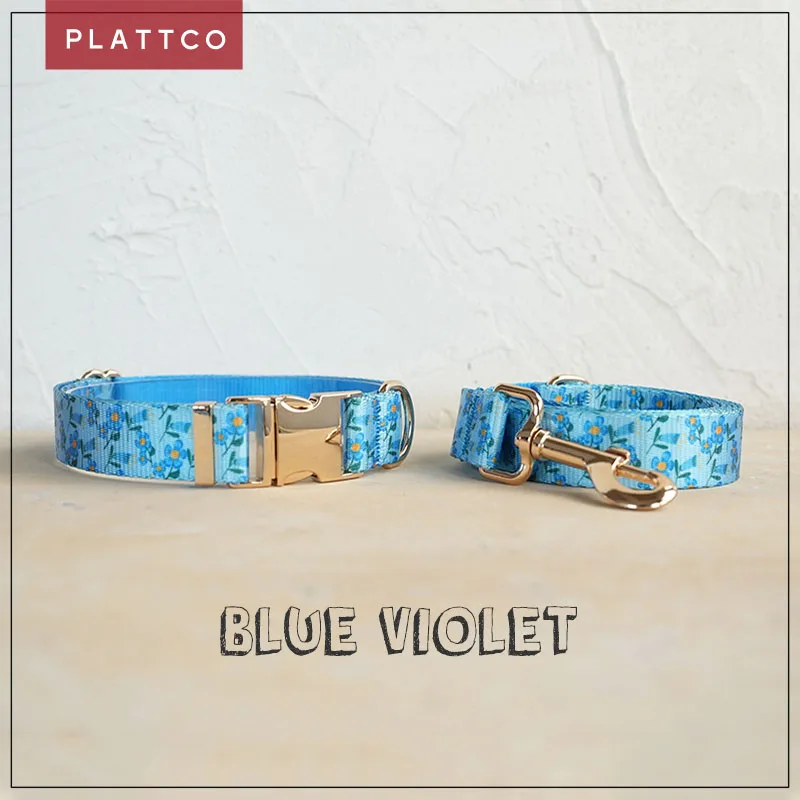 PLATTCO unique design dog set print Blue Violet pattern with high quality light color zinc alloy buckle 5 size PDC372G&PDL372G