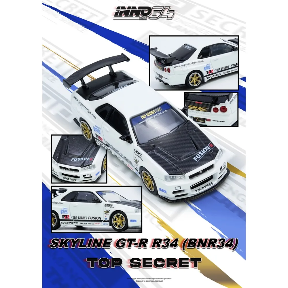Przedsprzedaż INNO 1/64 Model Samochodu z Odlewu TOP SECRET R34 GT-R Biały Wersja Limitowana High Performance Prezent dla Chłopców i Dorosłych