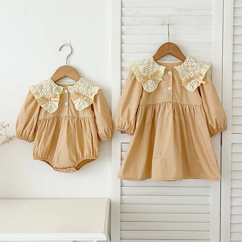 

Autumn New Girls' Long Sleeve Dress Baby Romper Bow Embroidery Baby Girl Dress Sister Outfit