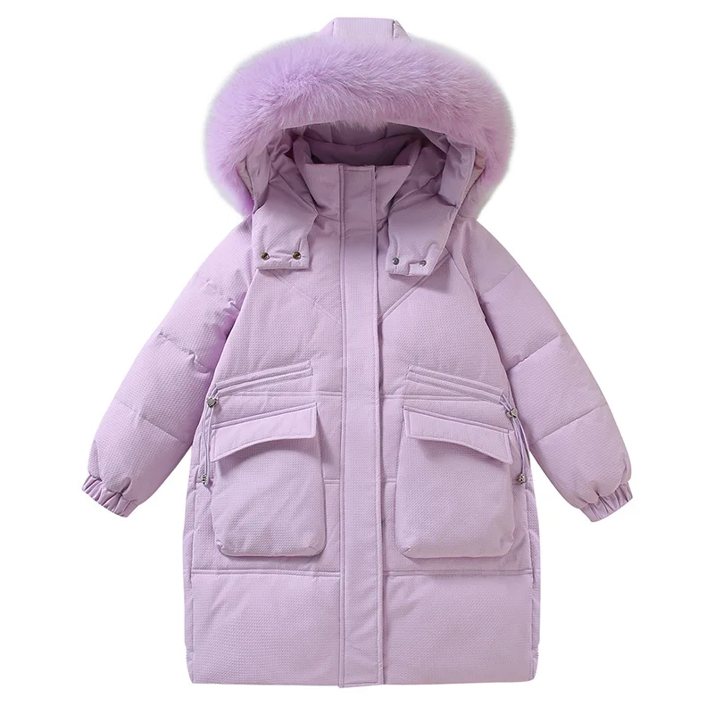 2024 Winter Down Jacket For Girl Hooded Waterproof White Duck Down Thick Warm Teenage Girl Outwear Coat 5-14 Years Kids Parka