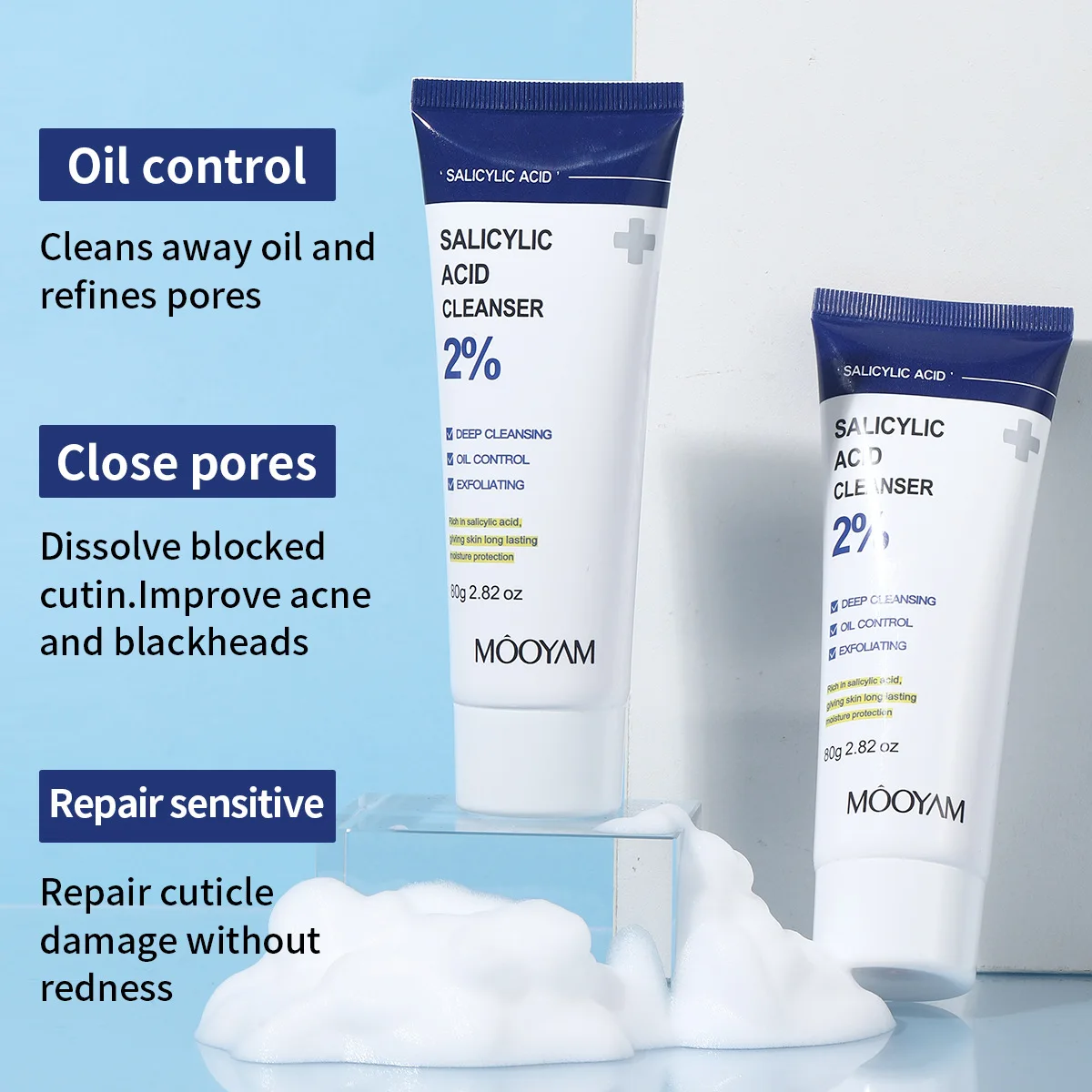 Salicylic acid facial cleanser oil control Brighten skin tone acne shrinkage clean pores vitamin b5 amino acid cleanser unisex