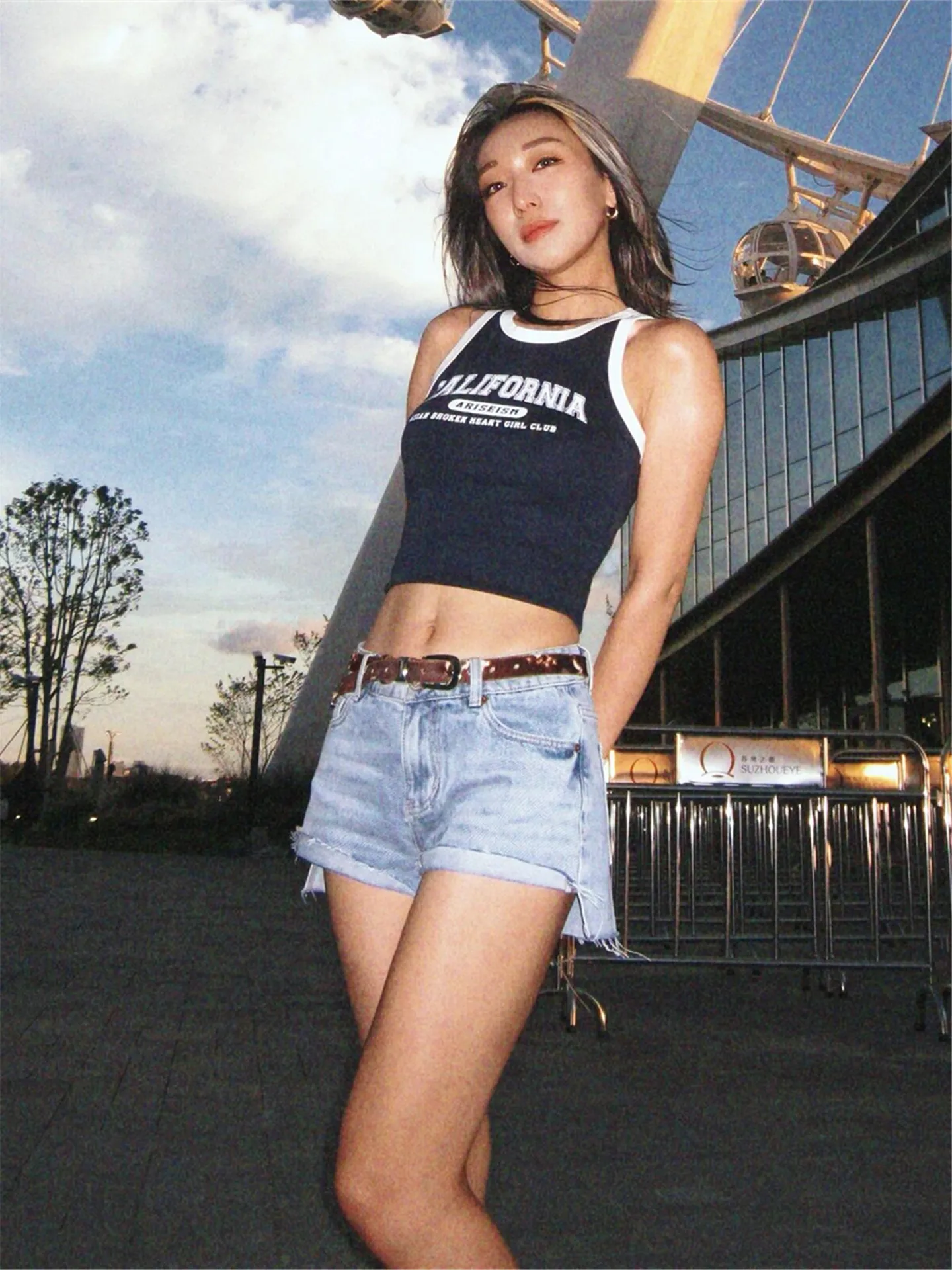 

American Style Low Waist Blue Short Jeans Women's Summer Slimming Washed Cuffed Hot Pants Cotton Natural Waist Pocket