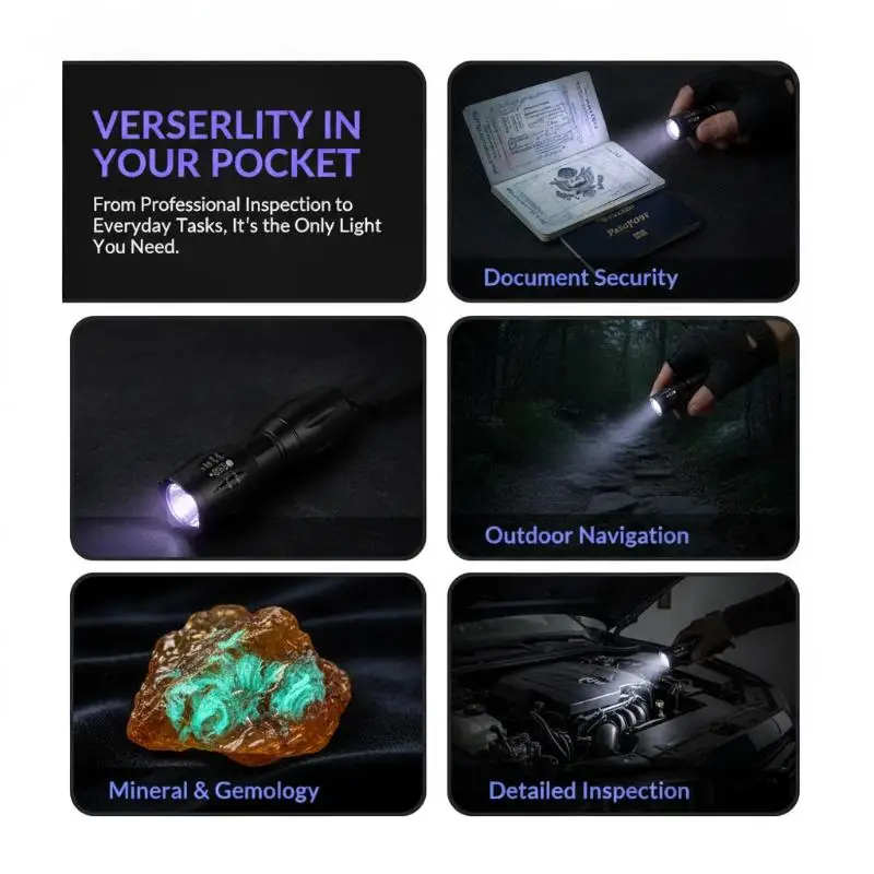 Zoomable 2 IN 1 UV Flashlight 395nm Purple White Dual Light Ultraviolet Torch for Scorpion Hunting Rock Mineral Identification