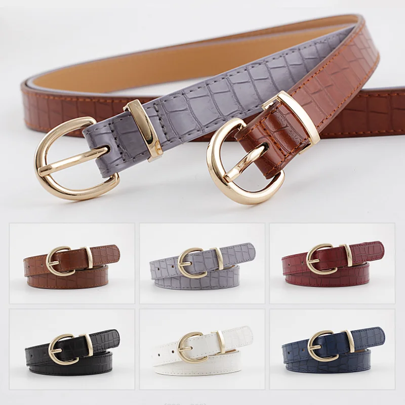 

New Crocodile Pattern Belts For Women Solid Color Fashion Metal Bucket Simple Ladies Jeans Thin Belt Hot Sales Pu Leather 2022