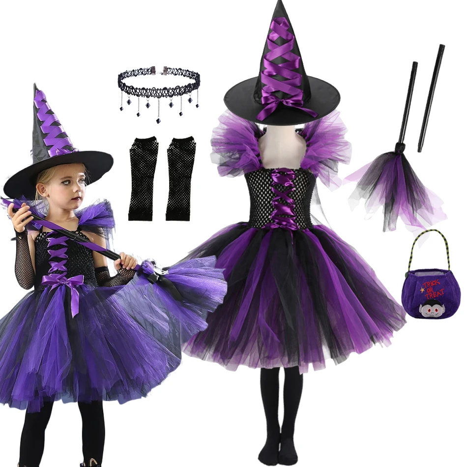 

Girls Witch Halloween Cosplay Tutu Dress Costume 2025 Children Carnival Party Vestidos Dress Kids Clothes With Hat Set Outfit