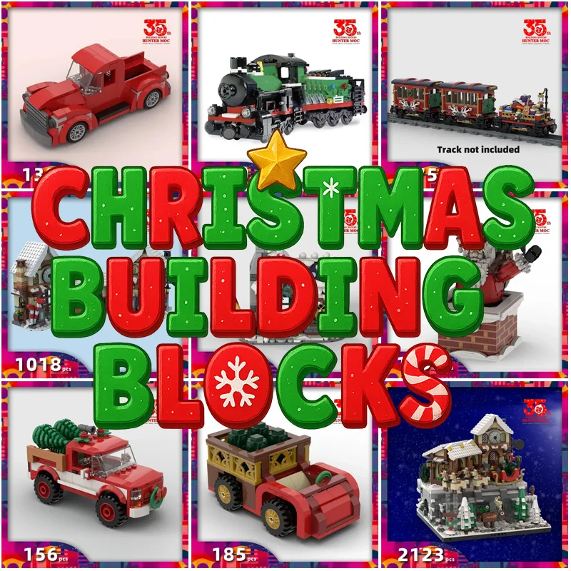 

Рождественские строительные блоки Galore 2025 года — моторный поезд, сани, олени, чулки Санты и пряники в деревне