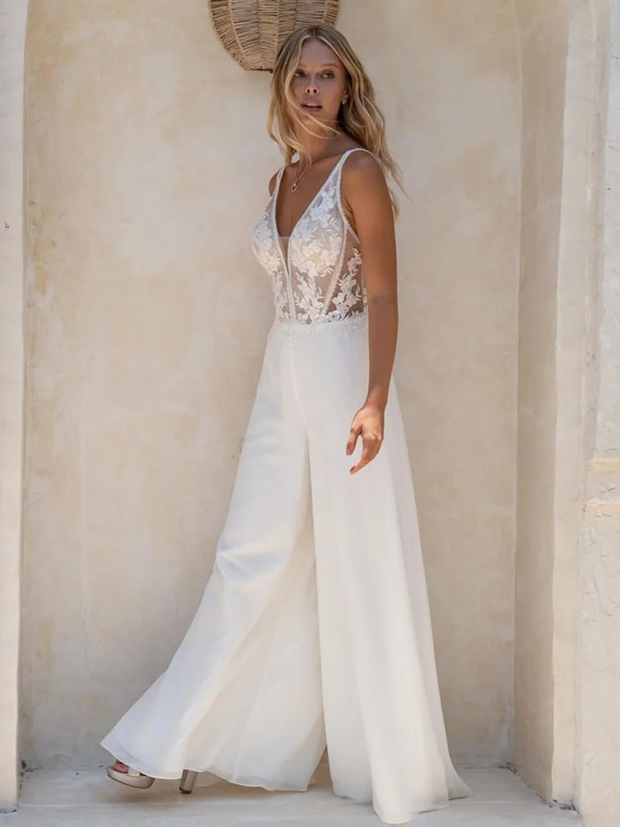 Beach Jumpsuit Pants Wedding Dress For Women Boho Sleeveless Open Back White lace Ivory Custom Made Robe De Mariage