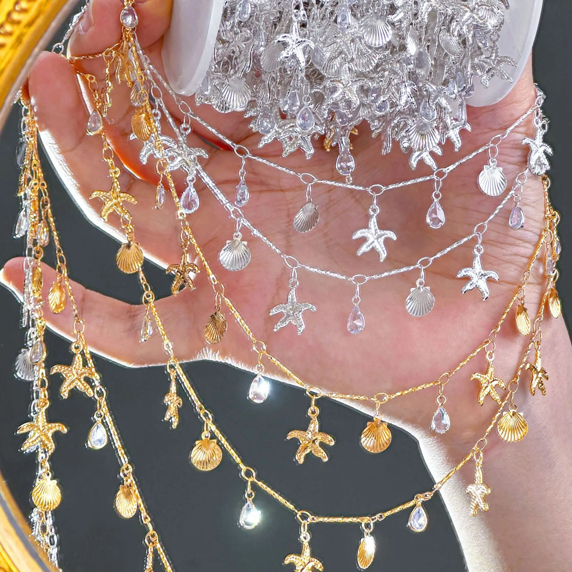 1 Meter glänzende Zirkon-Muschel-Seestern-Anhänger mit Messingkette für DIY-Halsketten, Armbänder, Sommer-Schmuck, Bastelmaterialien – Detail 1