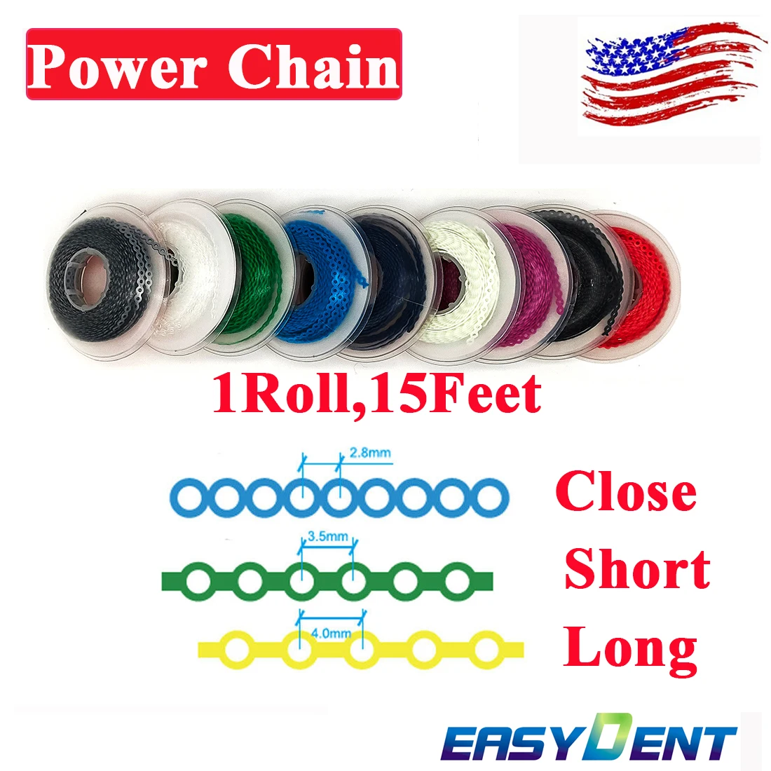 15Feet/Roll EASYINSMILE Dental Material for Ortho Power Chain Close/short//long Super Elastic Rubber Band Ultra Spool for Braces