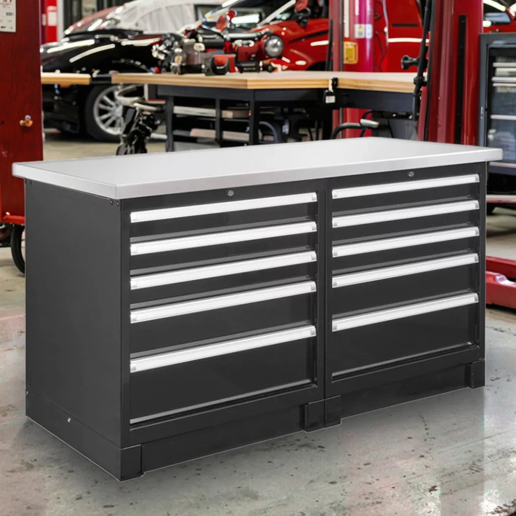 Cold Rolled Steel Heavy Duty 10 Drawer Tool Cabinet Box Chest Modular Drawer 2 Pedestal Island Workbench For Workshop