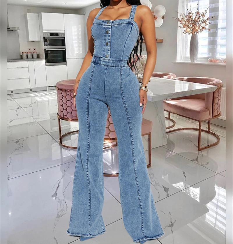 Slim Sleeveless Backless Wide Strap Buttons Elastic Cotton Long Denim Jumpsuits Women Jeans Overalls Woman Flare Pants One Piece