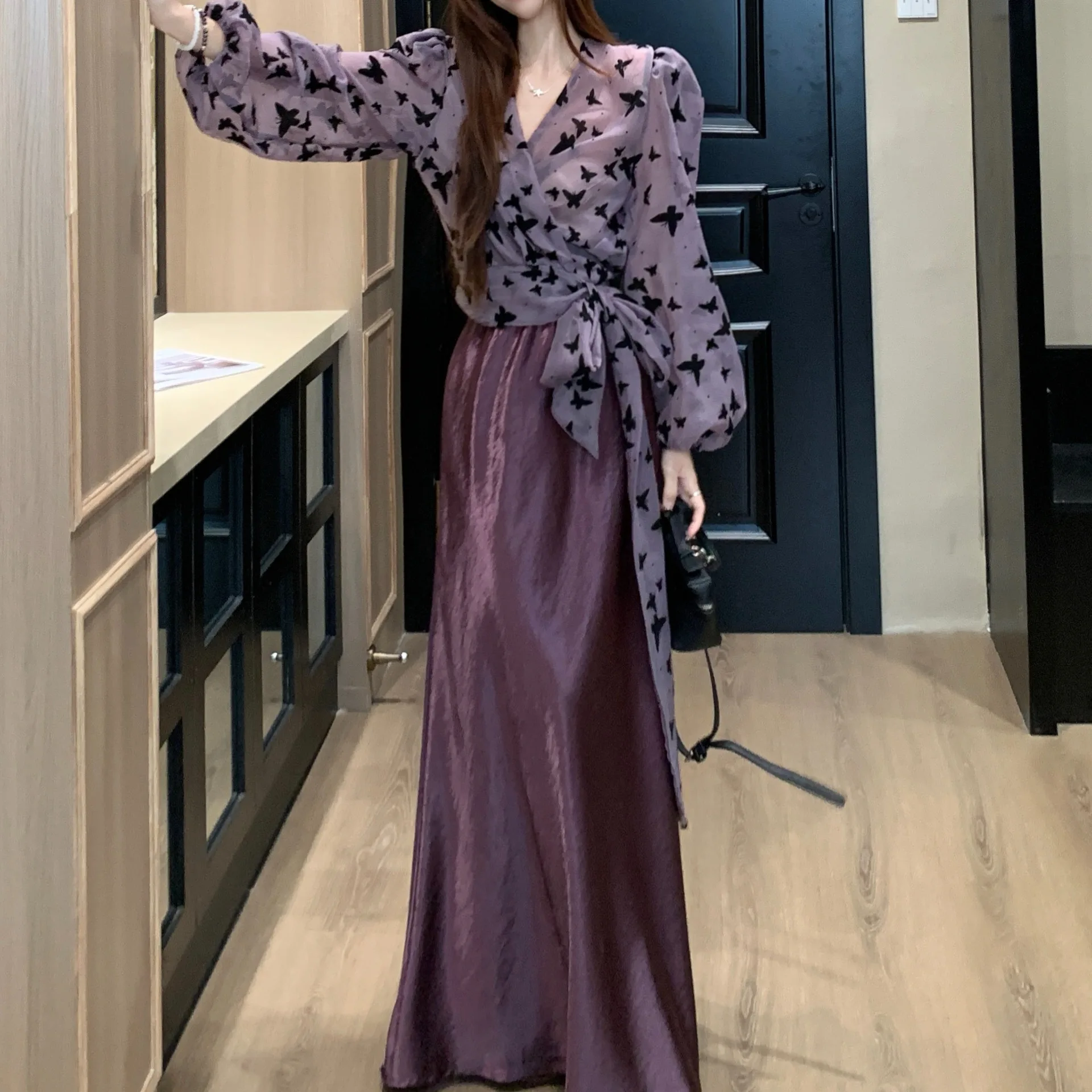 Fashionable Updated Women's Set Gentle Style French Vintage Soft Wind Autumn Chiffon Print