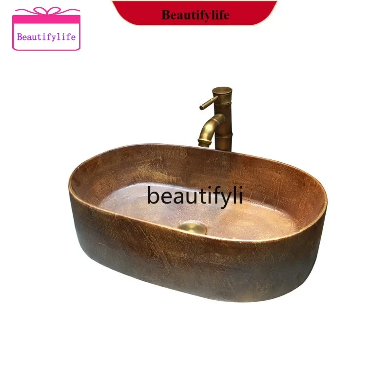 YL f156 Retro yellow ceramic table antique wash basin balcony new Chinese anti-splash wash basin water basin