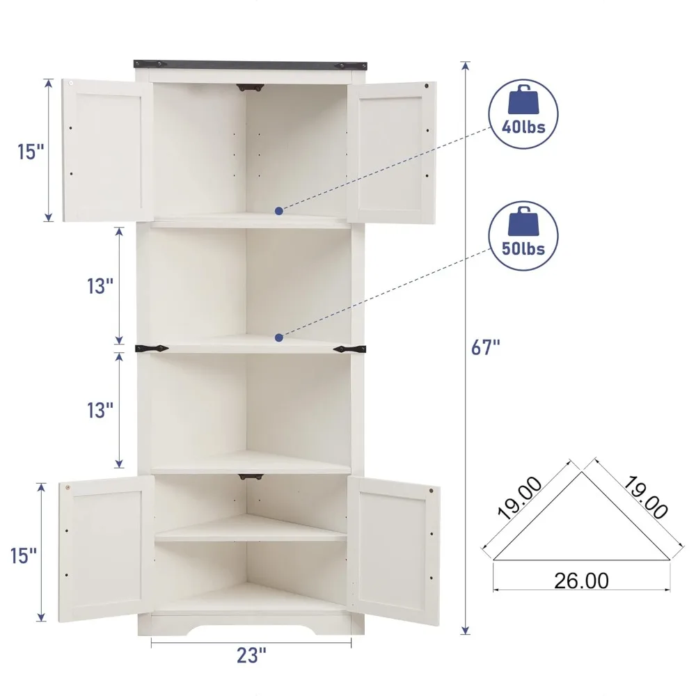 Armário de exibição, armário de armazenamento de banheiro de canto alto com design de porta de celeiro e prateleiras ajustáveis, para lavanderia, sala de estar