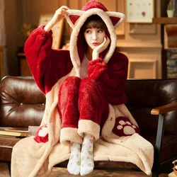 Autumn Winter Women Hooded Pajama Sets Thicken Warm Coral Fleece Sleepwear Sweet Cute Female Homewear Home Clothes