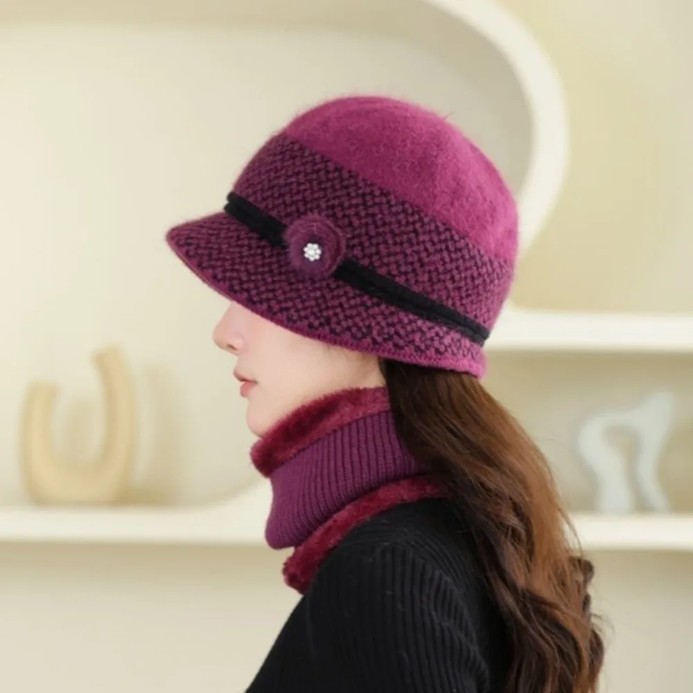 Gorro de invierno con decoración de flores para mujer, gorro de punto grueso y cálido con forro de piel, gorro térmico con forro polar para mujeres mayores